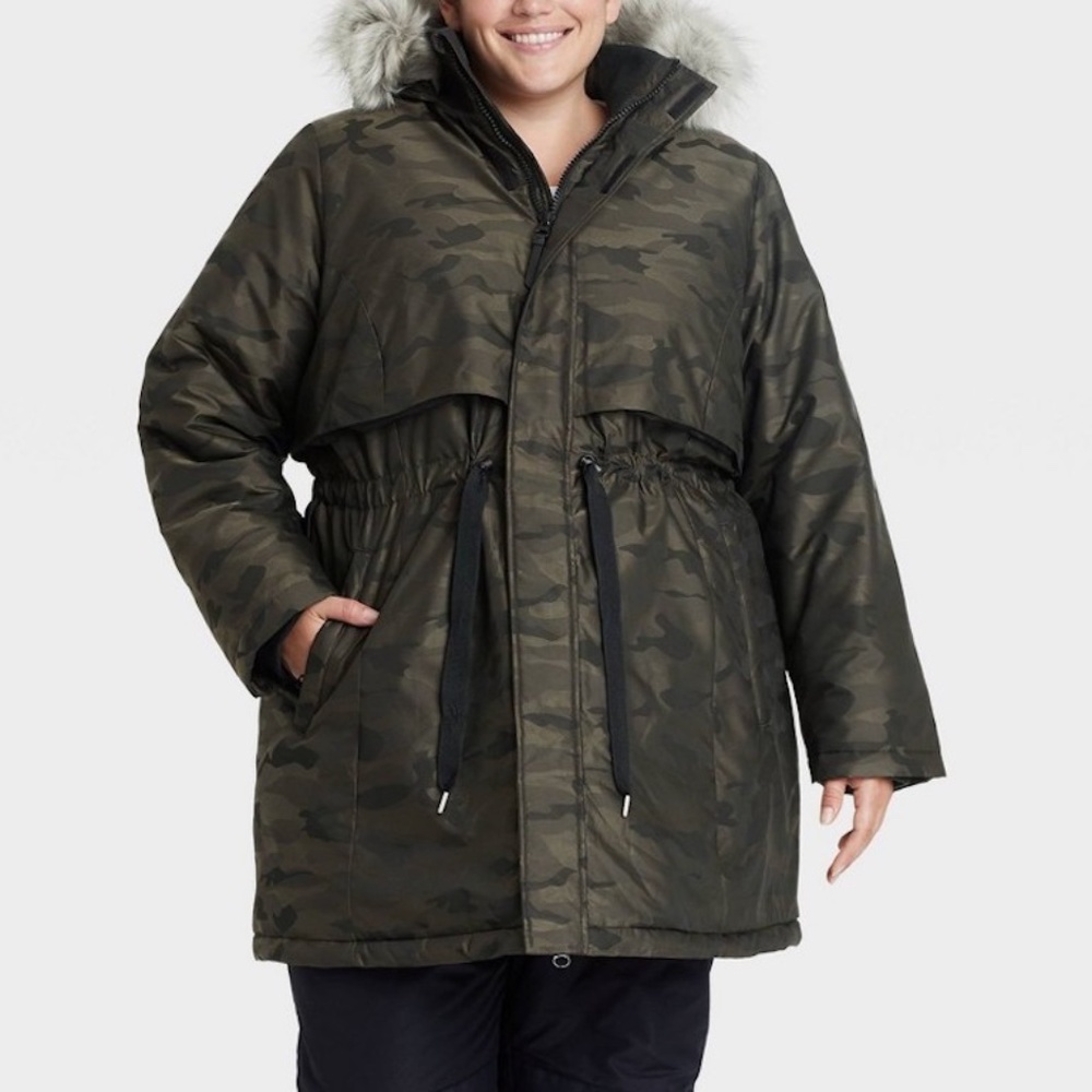 All In Motion Womens 3X Hooded Parka Jacket Dark Green Black Camouflage Faux Fur
